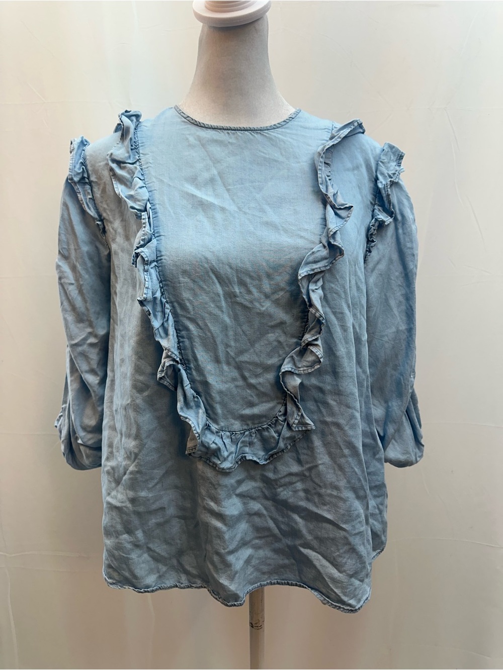 Zara Light Blue Ruffle-Front Blouse L